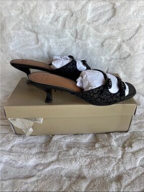 Donald Pliner Black Patterned Double-Buckle Slide Heels